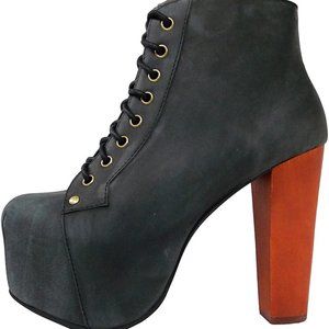 Jeffrey Campbell Lita Black Distressed Leather Wood Heel Platform Lace Up Boo